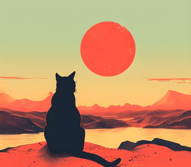 a cat sits in front of a sunset with a red circle in the background