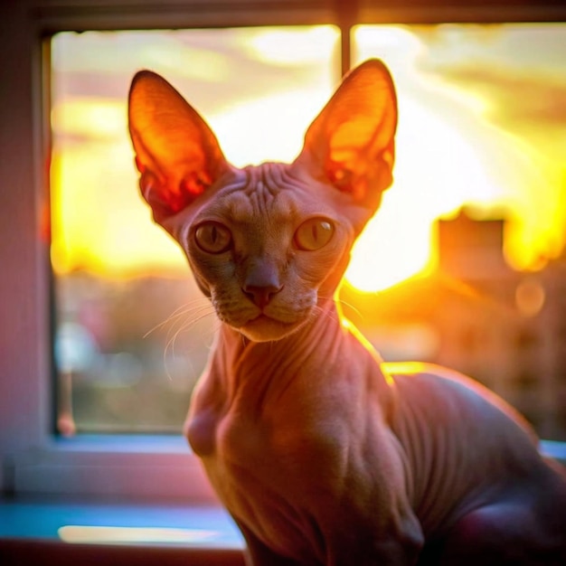 a cat sits in front of a window with the sun behind it