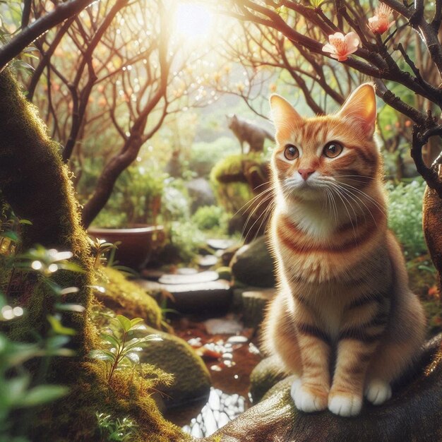 Photo a cat sits in the garden with flowers in the background