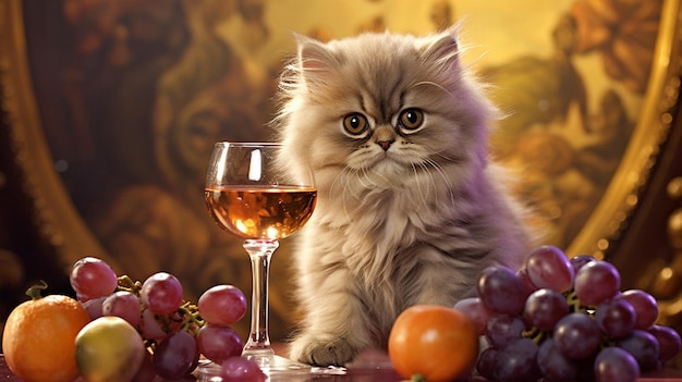 A cat sits next to a glass of wine.