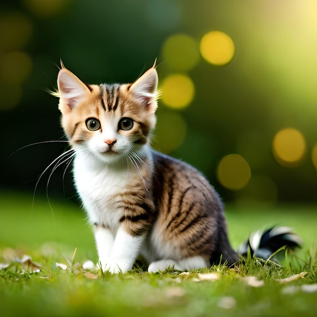 A cat sits on the grass in front of a blurred background.