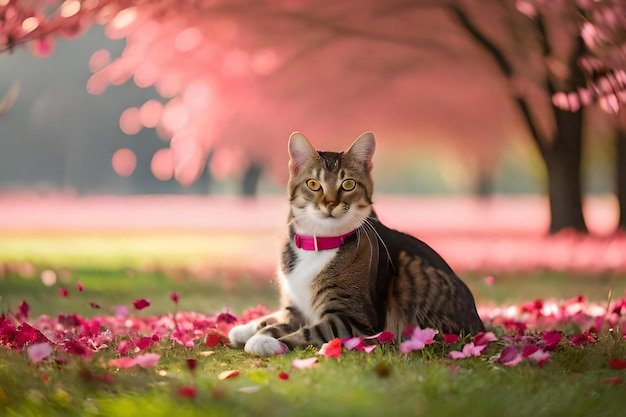 A cat sits on the grass in front of a pink tree.