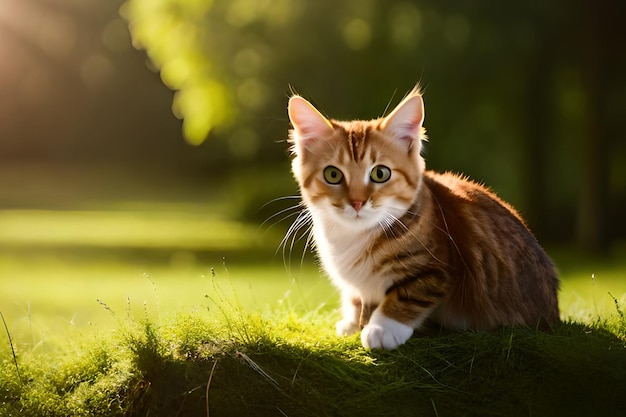 A cat sits on a grass in the sun