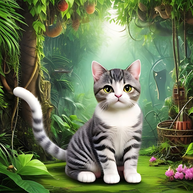 a cat sits in a jungle with a basket of fruit in the background