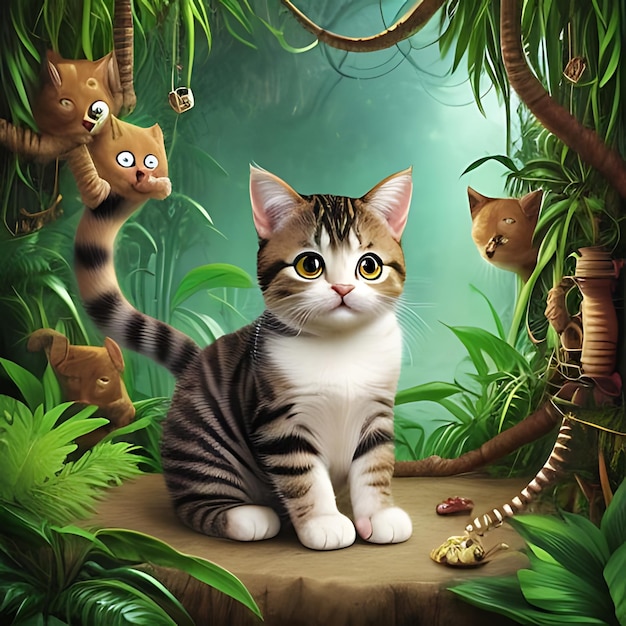 a cat sits in a jungle with a cat on the back