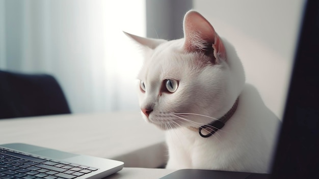 A cat sits next to a laptop with a collar that says'cat '