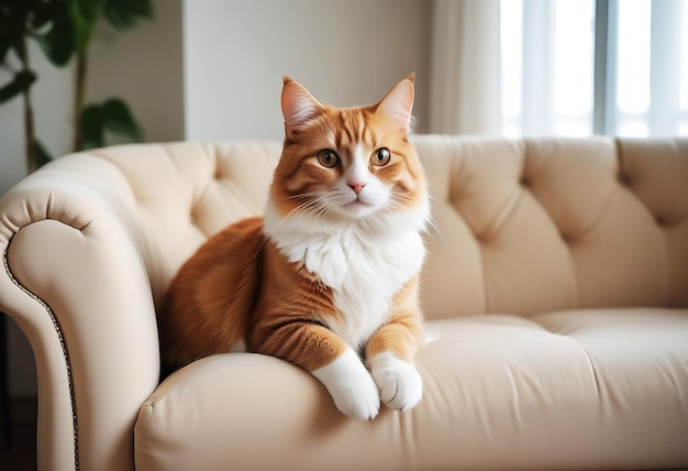 a cat sits on a leather couch with the words quot cat quot on the chest