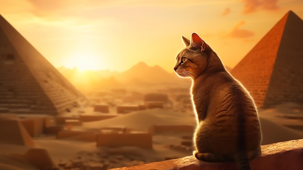 A cat sits on a ledge in front of a sunset.