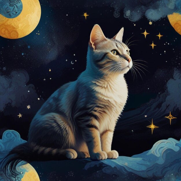 a cat sits on a ledge with the moon behind it