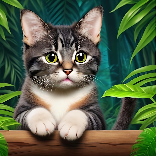 a cat sits on a log in front of a jungle background