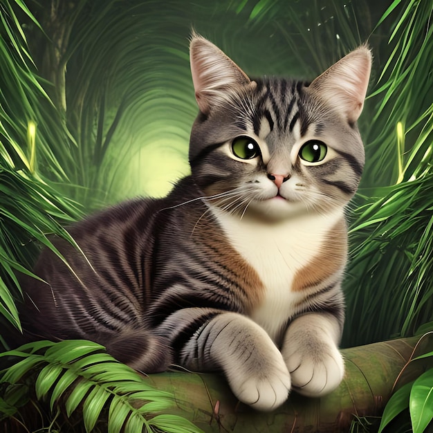 a cat sits on a log in the jungle