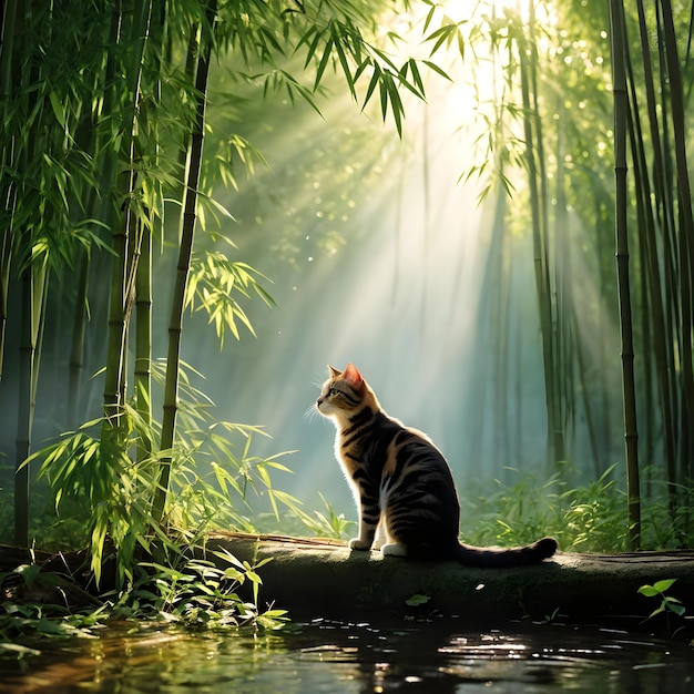 a cat sits on a log in the sun with bamboo in the background