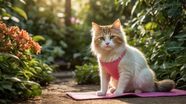 a cat sits on a mat in front of a flower pot