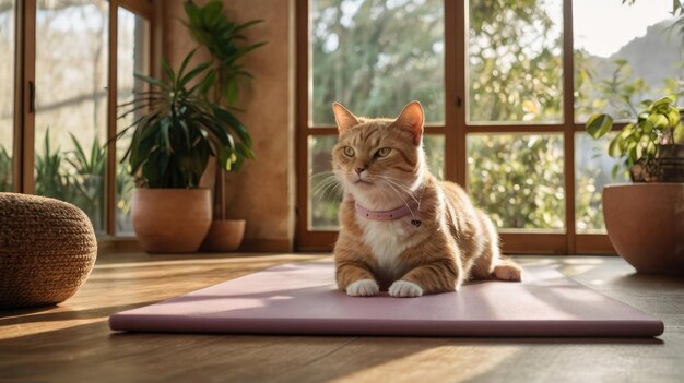 a cat sits on a mat in front of a window with a plant in the background