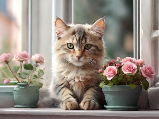 a cat sits near the window next to a vase of flowers11