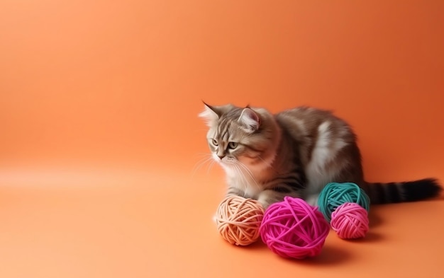 A cat sits on a pile of yarn with a pink background.