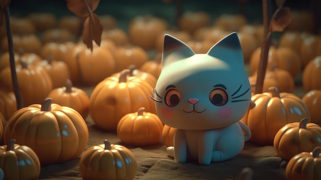 A cat sits among a pumpkin patch with a bunch of pumpkins in the background.