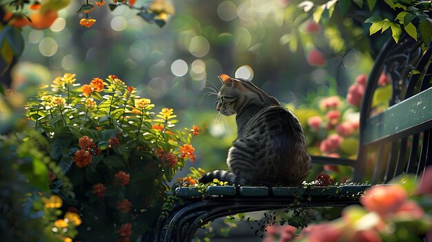 Photo a cat sits on a railing with flowers in the background