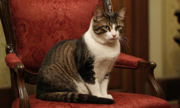 Photo a cat sits on a red chair with a sign that says quot the word cat quot