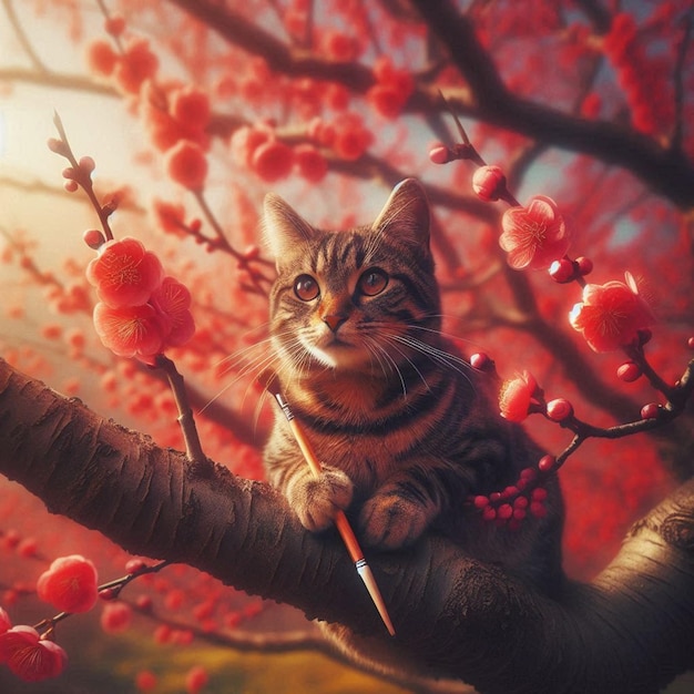 Photo a cat sits in a red tree