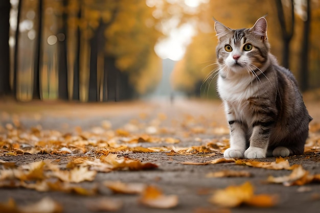 A cat sits on a road in autumn leaves