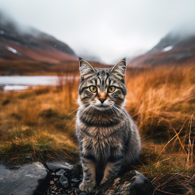 A cat sits on a rock in a field with mountains in the background.