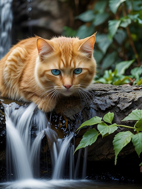 Photo a cat sits on a rock in front of a waterfall