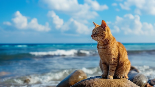 a cat sits on a rock overlooking the ocean