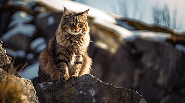 A cat sits on a rock in the snow