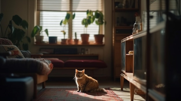 A cat sits on a rug in front of a window with a plant in the background.