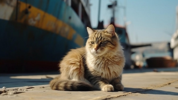 A cat sits on the sidewalk in front of a boat in the harbor