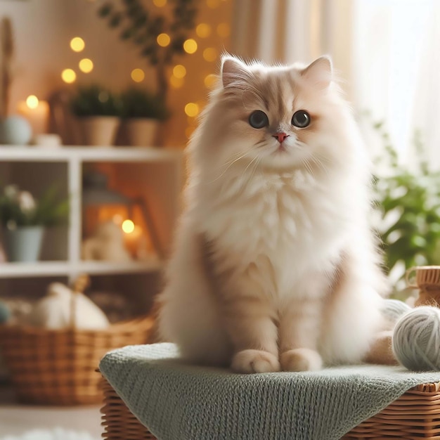 a cat sits on a stool with a basket of flowers in the background