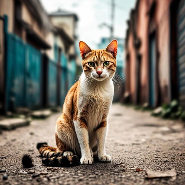 a cat sits on the street in front of a building