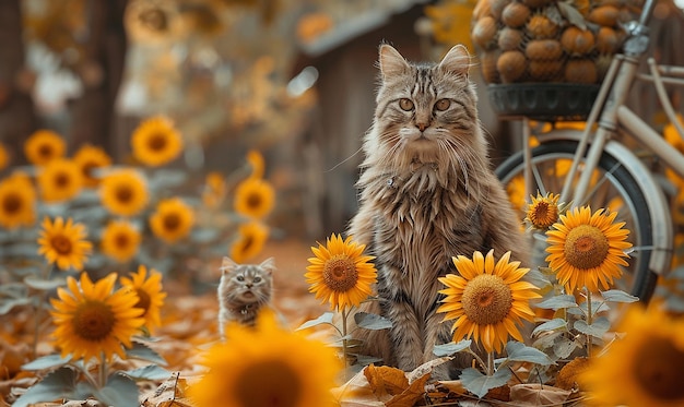 Photo a cat sits in a sunflower field with a cat and a cat