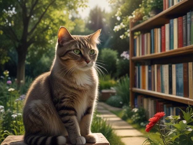 a cat sits on a table in front of a book shelf