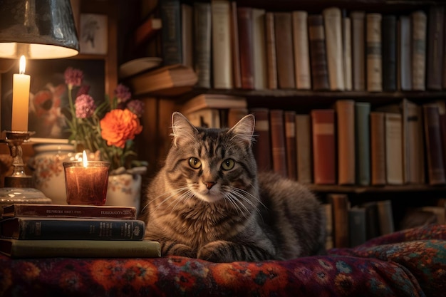 A cat sits on a table in front of a lamp with a candle in it.