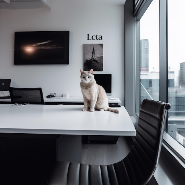 A cat sits on a table in front of a wall that says lata.