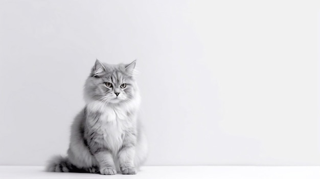 A cat sits on a table in front of a white wall.