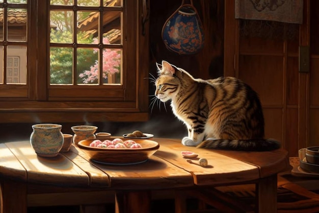 A cat sits on a table in front of a window and looks at a plate of food.