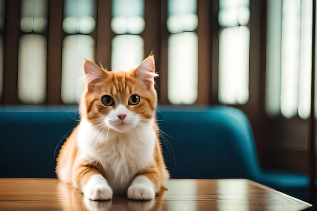 A cat sits on a table in front of a window.