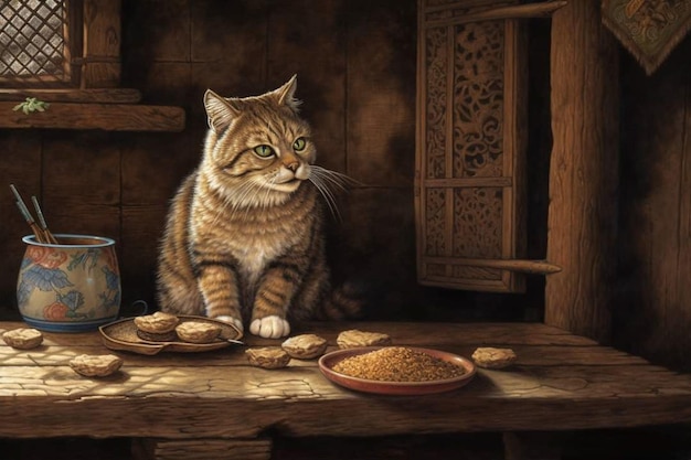 A cat sits at a table in a hut with a bowl of food and a bottle of cat food.