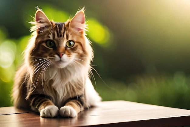 A cat sits on a table in the sun