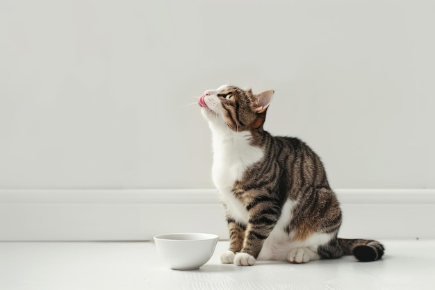 a cat sits on a table with a bowl of milk