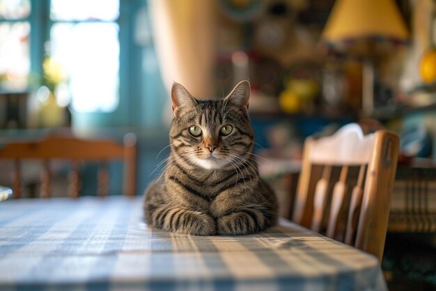 a cat sits on a table with a checkered tablecloth