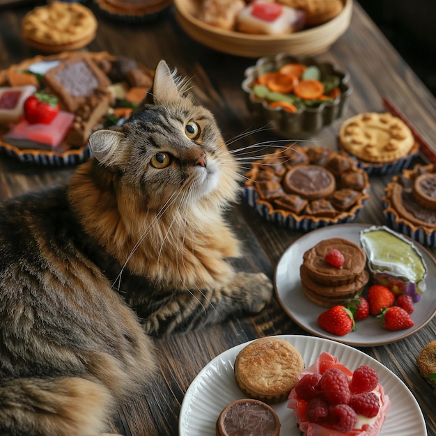 a cat sits on a table with plates of food and pastries