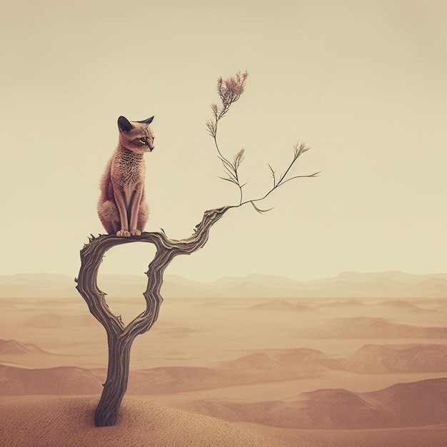 A cat sits on a tree branch in the desert.