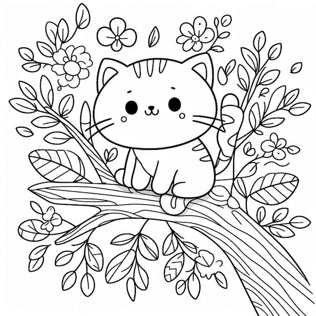 Photo a cat sits on a tree branch with a black and white drawing of a cat