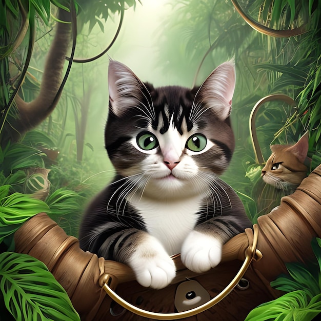 a cat sits in a tree with a cat in the jungle