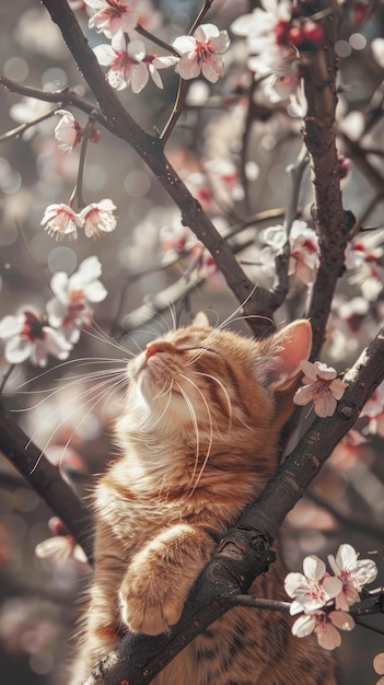 Photo a cat sits on a tree with a flower in the background