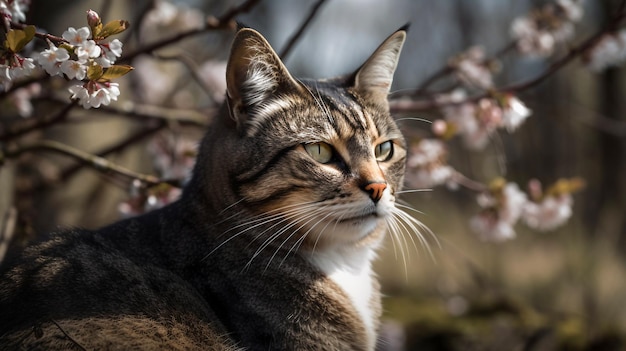 A cat sits in a tree with flowers in the background